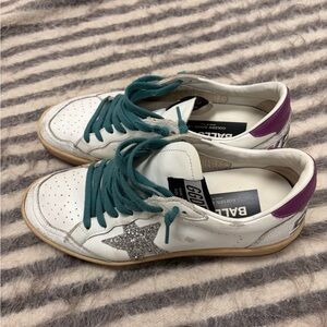 Golden Goose Women's White and Teal Sneakers with Silver Star